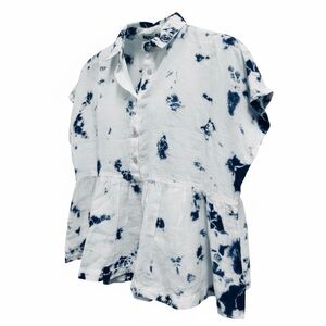 Rachel Zoe Blue White Tie-Dye Linen Button Front Collared Peplum Cropped Top